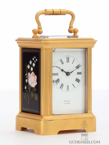 A miniature gilt brass carriage clock with Pietra Dura panels, H. Bosi Firenze, circa 1880.